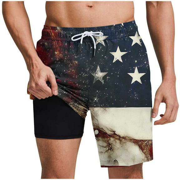Chiccall Mens Shorts Independence Day Flag Printed Shorts Elastic Waist Drawstring Summer Beach Swim Trunks with Pockets