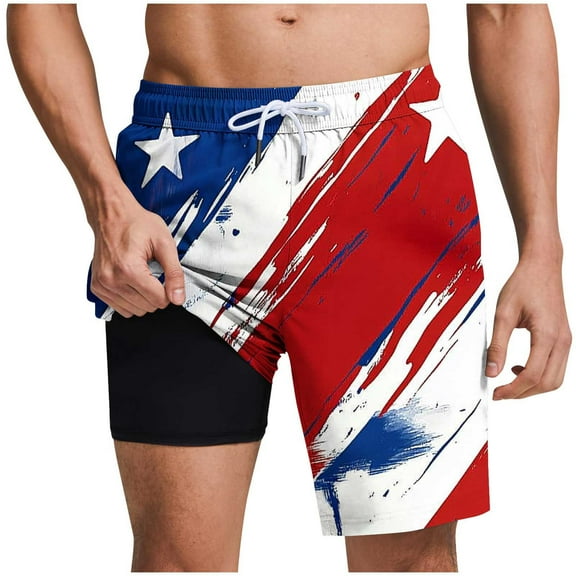 Chiccall Mens Shorts Independence Day Flag Printed Shorts Elastic Waist Drawstring Summer Beach Swim Trunks with Pockets