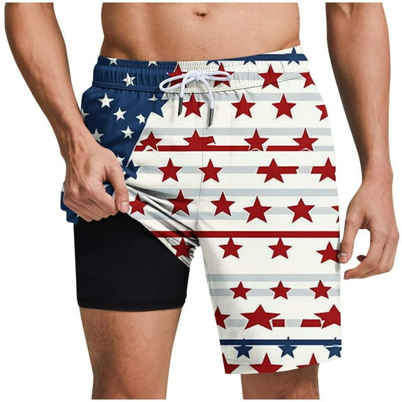 Chiccall Mens Shorts Independence Day Flag Printed Shorts Elastic Waist Drawstring Summer Beach Swim Trunks with Pockets