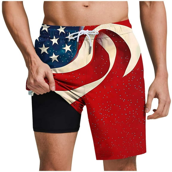 Chiccall Mens Shorts Independence Day Flag Printed Shorts Elastic Waist Drawstring Summer Beach Swim Trunks with Pockets