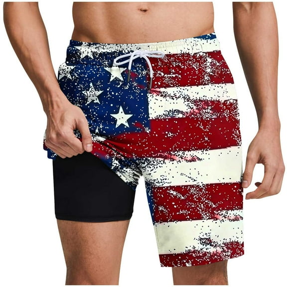Chiccall Mens Shorts Independence Day Flag Printed Shorts Elastic Waist Drawstring Summer Beach Swim Trunks with Pockets