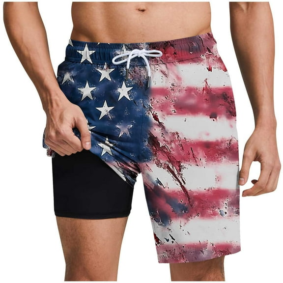 Chiccall Mens Shorts Independence Day Flag Printed Shorts Elastic Waist Drawstring Summer Beach Swim Trunks with Pockets