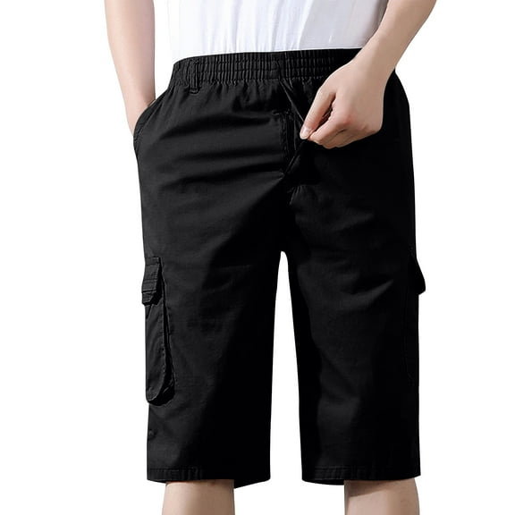 Chiccall Mens Shorts Plus Size Elastic Waist 6 Pockets Solid Casual Summer Beach Cargo Shorts Black