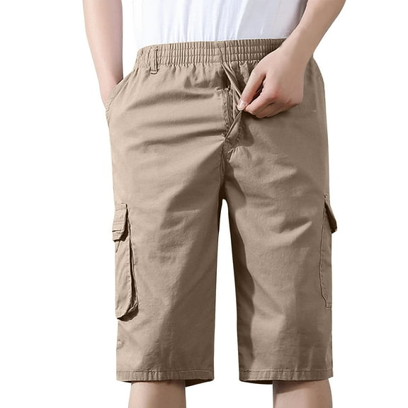 Chiccall Mens Shorts Plus Size Elastic Waist 6 Pockets Solid Casual Summer Beach Cargo Shorts Khaki