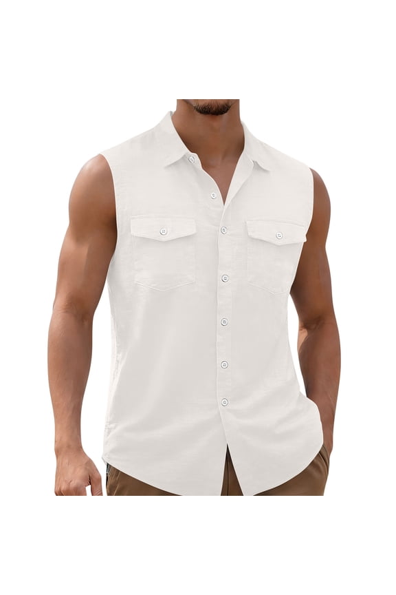 Mens Sleeveless Shirts Cargo Lapel Button Down Shirts Solid Summer Work Casual with 2 Pockets