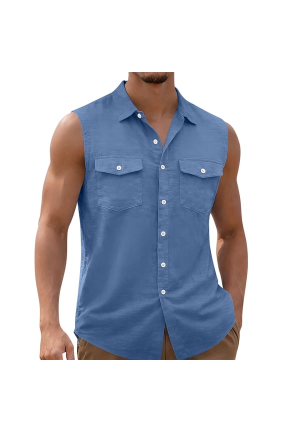 Mens Sleeveless Shirts Cargo Lapel Button Down Shirts Solid Summer Work Casual with 2 Pockets