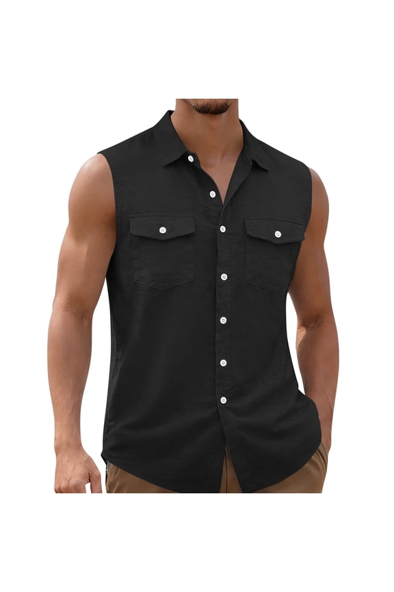 Mens Sleeveless Shirts Cargo Lapel Button Down Shirts Solid Summer Work Casual with 2 Pockets