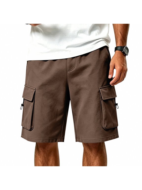 Mens Solid Cargo Sweat Shorts Toggle Detail Flap Side Pockets Soft Fabric Adjustable Drawstring Elastic Waist Lightly Comfy Daily Street Bottoms