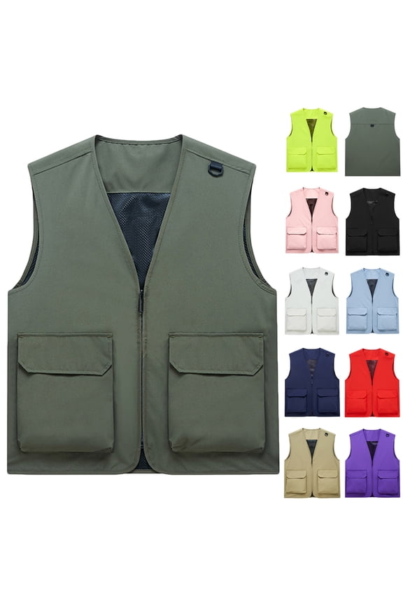 Mens Summer Fishing Vests with Mesh Lining Lightweight Outdoor Breathable Wicking Travel Work Zip Up Cargo Jacket with Inner Pockets