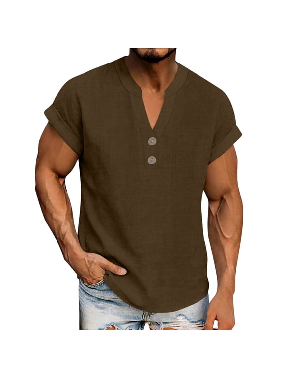 Mens Plus Size Summer Tops Casual Solid Cotton Linen V Neck Buttons T Shirts Lightweight Breathable Pullover Beach Vacation Short Sleeve Shirts
