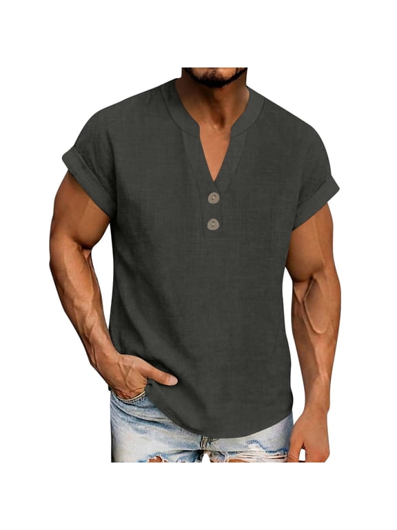 Mens Plus Size Summer Tops Casual Solid Cotton Linen V Neck Buttons T Shirts Lightweight Breathable Pullover Beach Vacation Short Sleeve Shirts