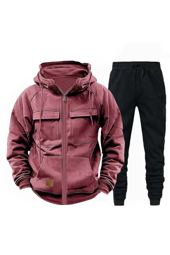 Mens Sweatsuit 2 Piece Fleece Lined Track Suit Solid Drawstring Quarter Zip Cargo Hoodie & Elastic Waist Drawstring Jogger Sweatpants Athletic Set for Men
