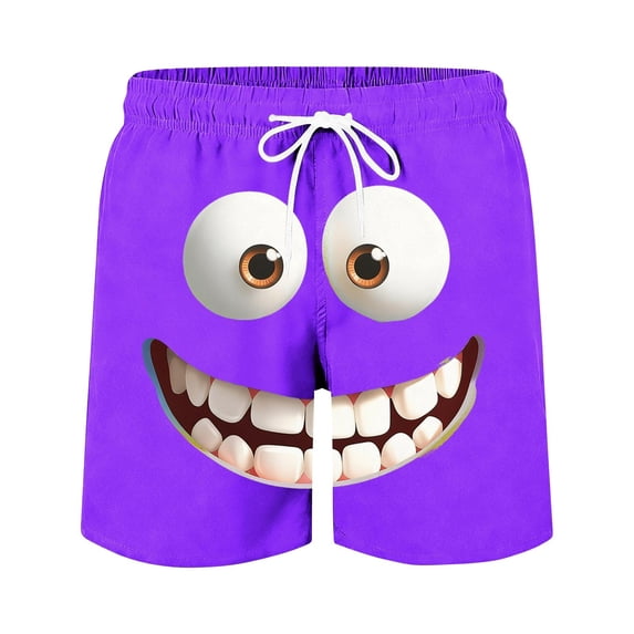 Chiccall Mens Swim Trunks Quickly Dry Plus Size Funny Face Print Drawstring Elastic Waist Loose Straight Leg Loose Breathable Beach Vacation Swimwear Shorts