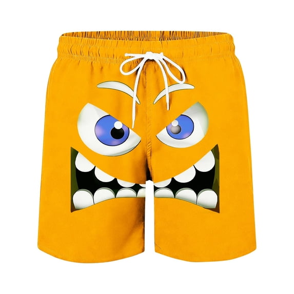 Chiccall Mens Swim Trunks Quickly Dry Plus Size Funny Face Print Drawstring Elastic Waist Loose Straight Leg Loose Breathable Beach Vacation Swimwear Shorts