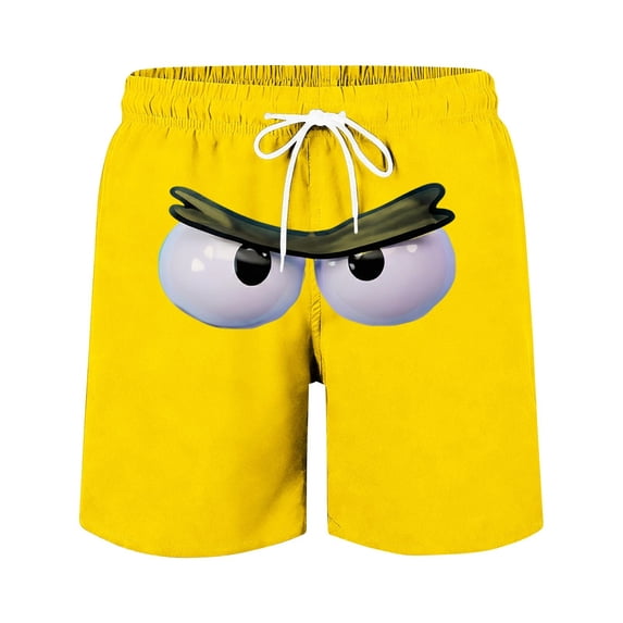Chiccall Mens Swim Trunks Quickly Dry Plus Size Funny Face Print Drawstring Elastic Waist Loose Straight Leg Loose Breathable Beach Vacation Swimwear Shorts