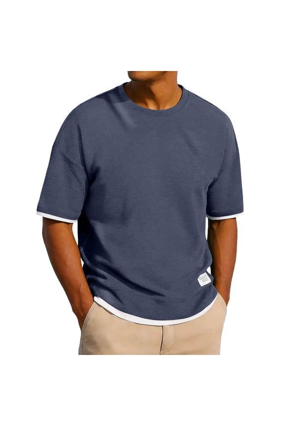 Mens Textured T Shirts Fashion Knitted Colorblock Tee Casual Crew Neck Short Sleeve Pullover Tops with Patch