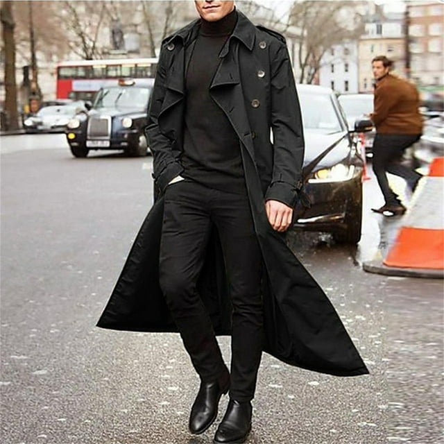 Mens Trench Coat Simple Solid Pea Coat Winter Long Doubkle Breasted ...