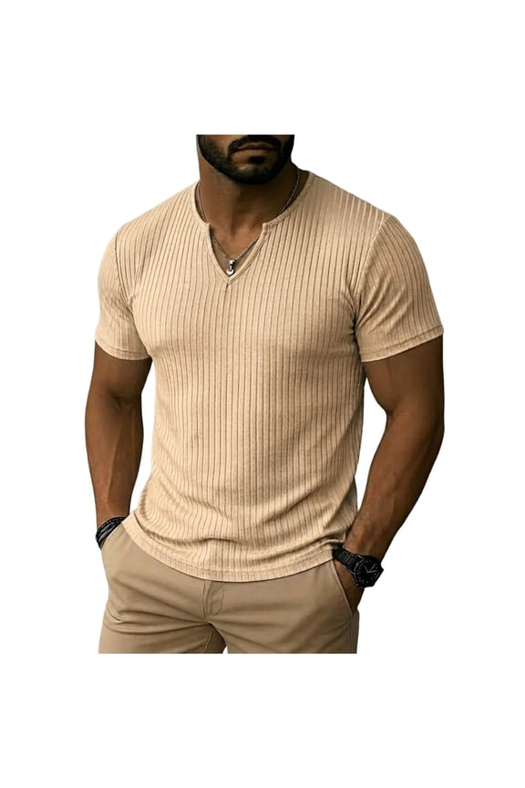 Mens V Neck Tees Textured Short Sleeve Solid T Shirts Summer Casual Tops