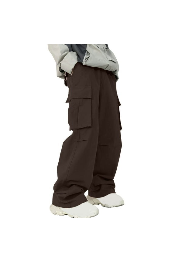 Mens Wide Leg Cargo Pants Baggy Drawstring Elastic Waist Multiple Pockets Trousers Fashion Solid Oversized Streetwear for Men