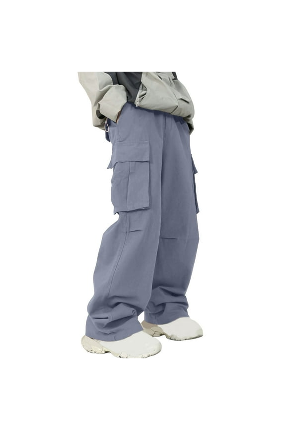 Mens Wide Leg Cargo Pants Baggy Drawstring Elastic Waist Multiple Pockets Trousers Fashion Solid Oversized Streetwear for Men