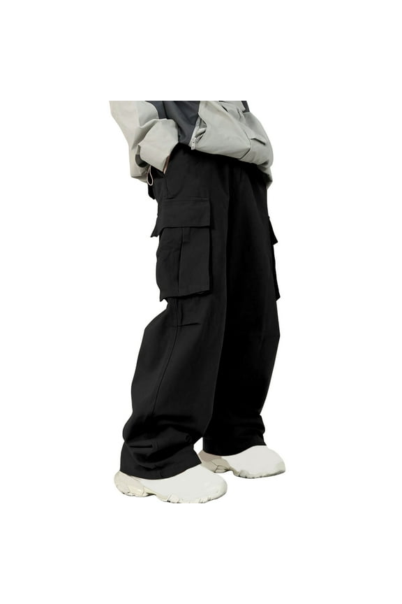 Mens Wide Leg Cargo Pants Baggy Drawstring Elastic Waist Multiple Pockets Trousers Fashion Solid Oversized Streetwear for Men