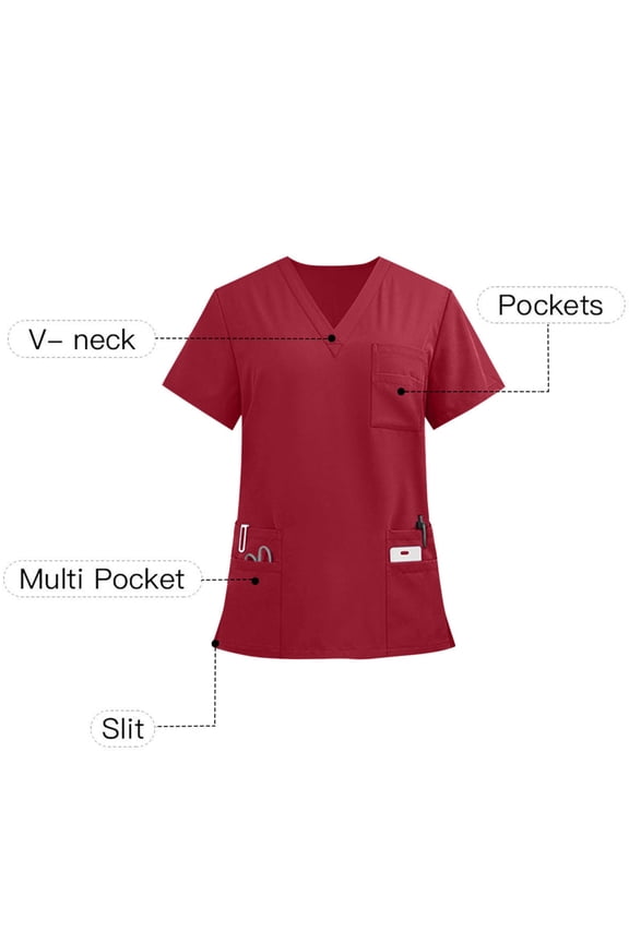 Mens & Womens 6 Pockets Short Sleeve V Neck Slit Hem Scrub Tops Solid Lightweight Breathable 4-Way Stretch Soft Nursing Tops