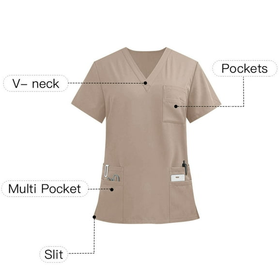 Chiccall Mens & Womens 6 Pockets Short Sleeve V Neck Slit Hem Scrub Tops Solid Lightweight Breathable 4-Way Stretch Soft Nursing Tops