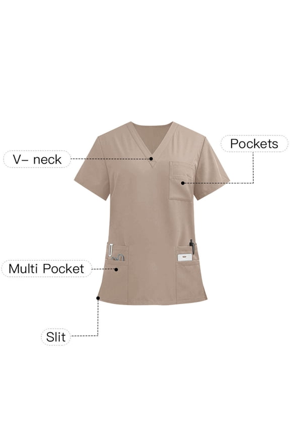 Mens & Womens 6 Pockets Short Sleeve V Neck Slit Hem Scrub Tops Solid Lightweight Breathable 4-Way Stretch Soft Nursing Tops