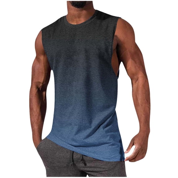 Chiccall Mens Workout Tank Tops Muscle Cut Off Shirts Comfy Sleeveless Crew Neck Gym Gradient T-Shirts