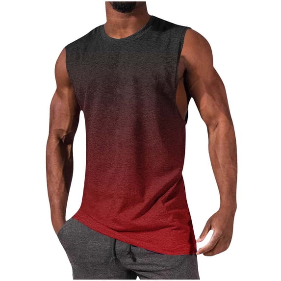 Chiccall Mens Workout Tank Tops Muscle Cut Off Shirts Comfy Sleeveless Crew Neck Gym Gradient T-Shirts
