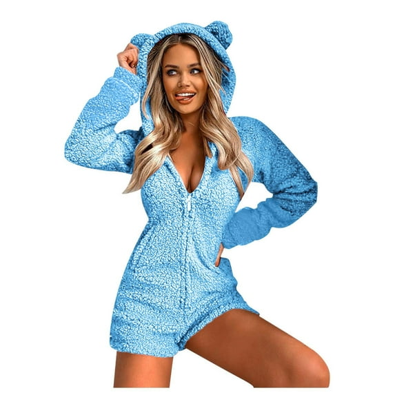 Chiccall Onesie Pajamas for Women Cartoon Bear Onesise Sleepwear Cute Fuzzy Warm Sherpa Fleece Hooded Romper Short Jumpsuit Playsuit One Piece Pajamas
