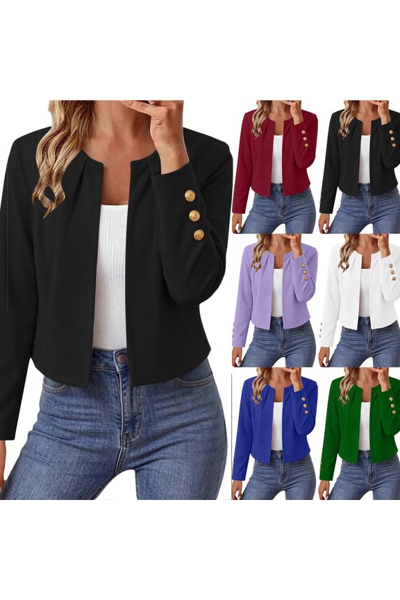 Pleated Crew Neck Cropped Jacket for Women Solid Long Sleeve Open Front Blazer with Buttons