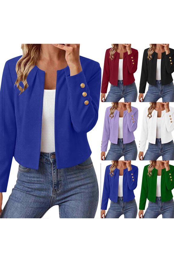 Pleated Crew Neck Cropped Jacket for Women Solid Long Sleeve Open Front Blazer with Buttons