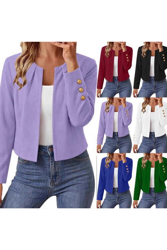 Pleated Crew Neck Cropped Jacket for Women Solid Long Sleeve Open Front Blazer with Buttons