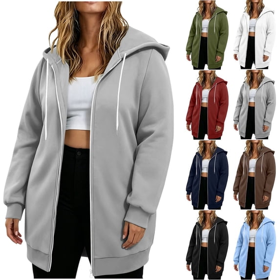 Chiccall Plus Size Longline Full Zip Hoodie Cardigan Drawstring Hood Oversized Long Sleeve Solid Loose Mid Length Casual Sweat Jacket for Women