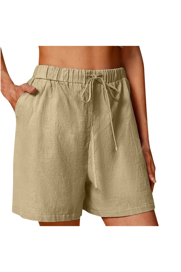 Plus Size Shorts for Women Casual Cotton Linen Drawstring High Waisted Comfy Bermuda Shorts Beach Vacation Wide Leg Shorts with Pockets Khaki 3XL