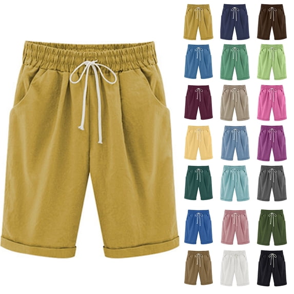 Chiccall Plus Size Shorts for Women Casual Cotton Linen Drawstring Shorts Loose Elastic Waist Beach Shorts for Summer