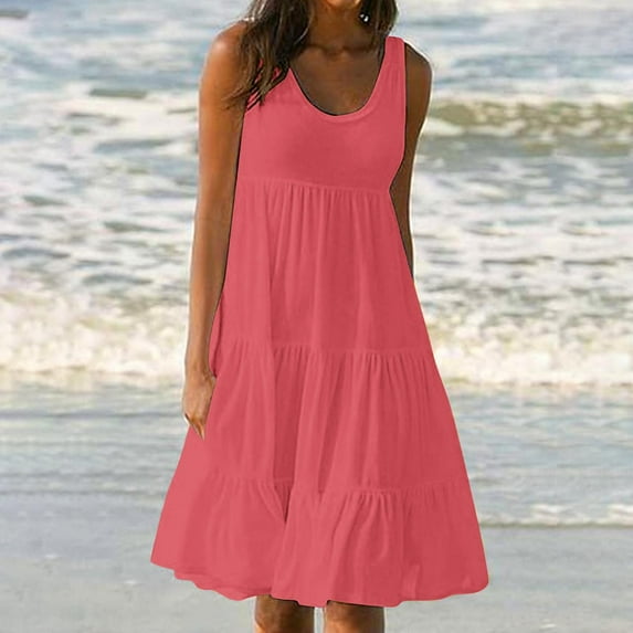 Chiccall Plus Size Sundresses for Women Summer Casual U Neck Vacation Ruffle Dress Pleated Knee Length Sleeveless Loose Beach Tank Dress Watermelon Red L