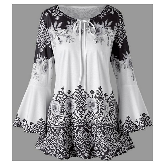 Up to 65 off!Chiccall Plus Size Tops for Women Ethnic Floral Bell Sleeve Keyhole Tshirts Flare Long Sleeve Shirts Casual Loose Boho Tunic Blouses