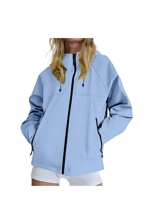 Rain Jacket Women Drawstring Hood Mesh Lined Jacket Windproof Waterproof Full Zip Windbreaker Jacket Fall Outdoor Hiking Climbing Outwear with Zipper Pockets