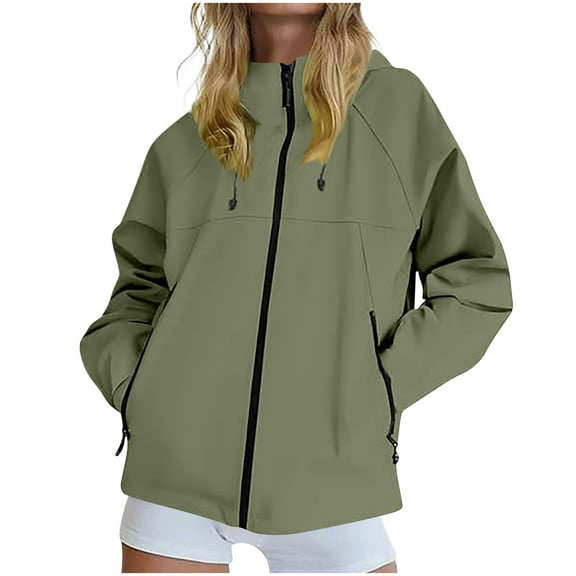 Chiccall Rain Jacket Women Drawstring Hood Mesh Lined Jacket Windproof Waterproof Full Zip Windbreaker Jacket Fall Outdoor Hiking Climbing Outwear with Zipper Pockets