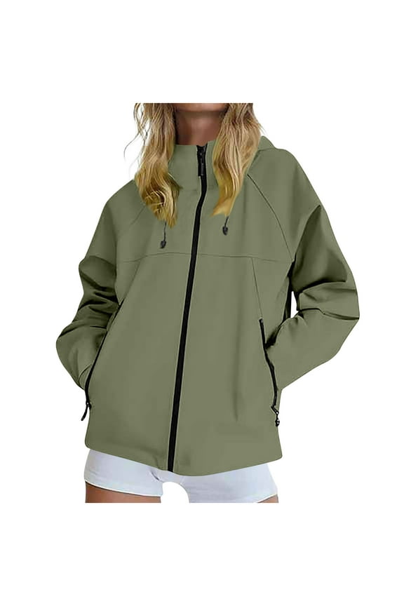 Rain Jacket Women Drawstring Hood Mesh Lined Jacket Windproof Waterproof Full Zip Windbreaker Jacket Fall Outdoor Hiking Climbing Outwear with Zipper Pockets