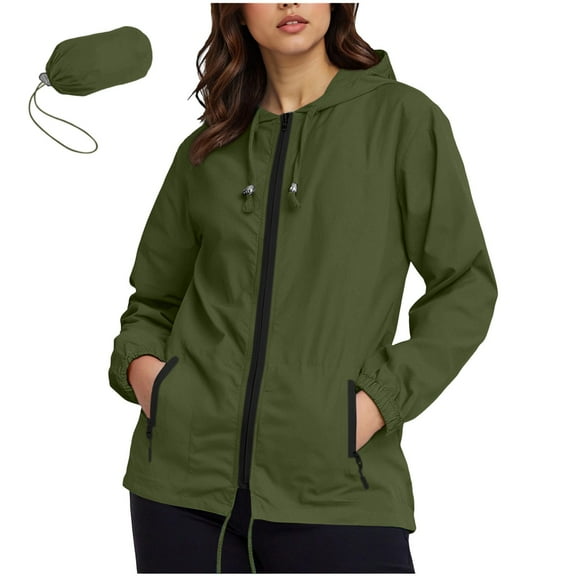 Chiccall Rain Jacket for Women Packable Long Sleeve Adjustable Hood Waterproof Raincoat Fall Lightweight Outdoor Windbreaker with Zipper Pockets