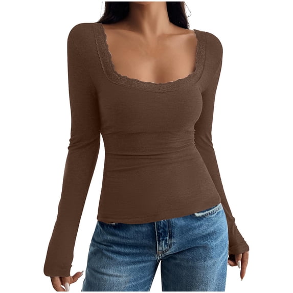 Chiccall Ribbed Knit Shirt for Women Long Sleeve Lace Square Neck Open Back Cute T-shirts Fall Slim Fit Going Out Tops