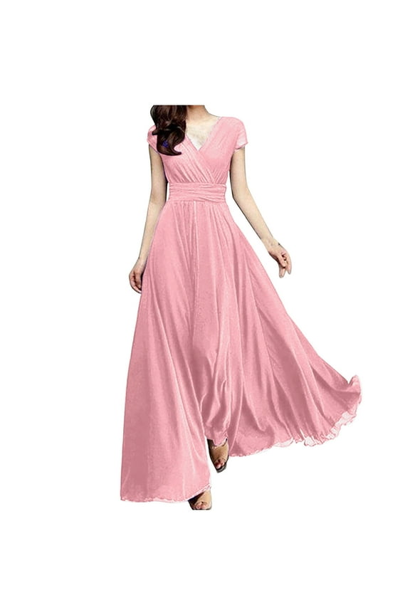 S-5XL Formal Short Sleeve Cocktail Flowy V-Neck Gown Chiffon Maxi Dress for Women