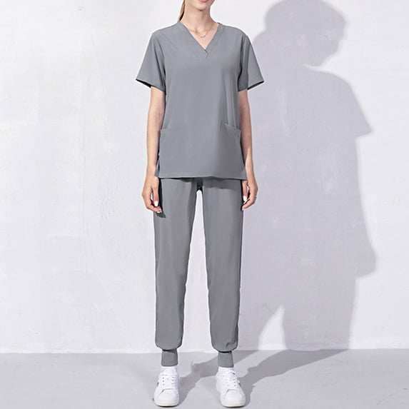 Chiccall Scrub Sets for Women Stretch V-Neck Scrub Top & Jogger Pant with Pockets Gray S