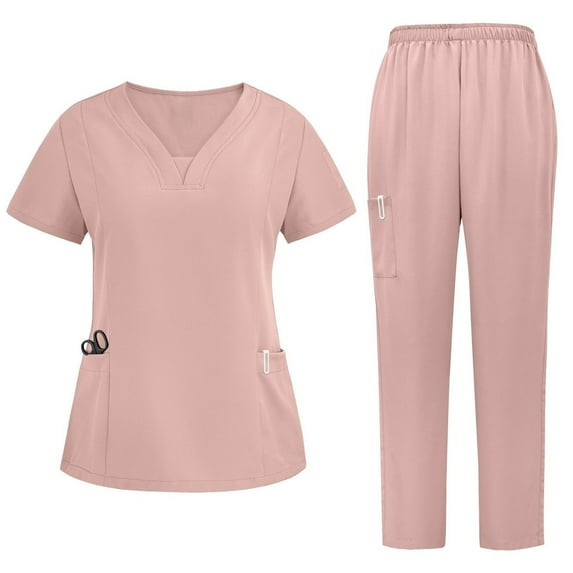 Chiccall Scrubs for Women Set V Neck Scrubs Top Jogger Scrub Pants 4 Way Stretch Medicals Nursing Uniforms 3 Pocket Pink L