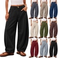 thumbnail image 1 of Chiccall Solid Cotton Linen Women's Loose Wide Leg Trousers with Pockets High Waist Button Casual Barrel Pants, 1 of 8