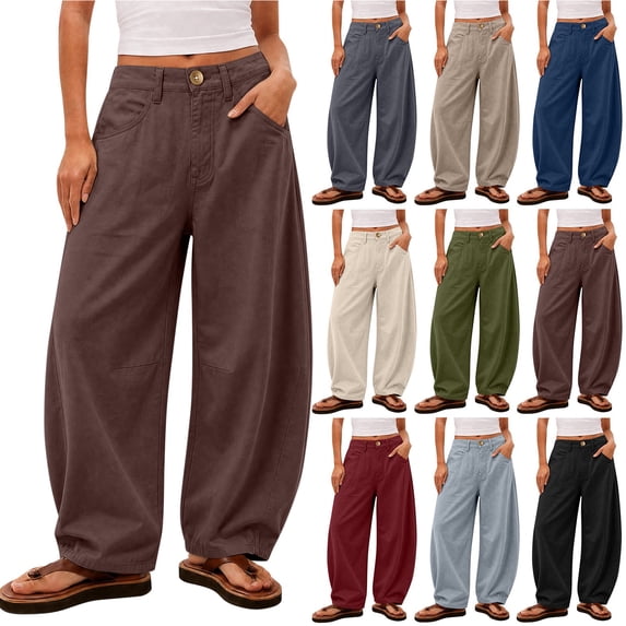 Chiccall Solid Cotton Linen Women's Loose Wide Leg Trousers with Pockets High Waist Button Casual Barrel Pants
