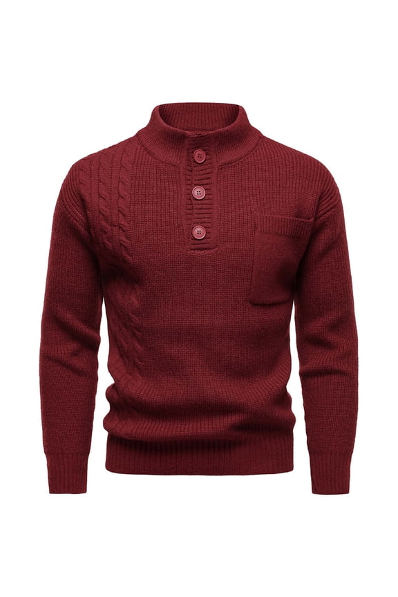 Stand Collar Sweaters for Men Thickened Knit Quarter Button Long Sleeve Pullover Sweater with Pocket